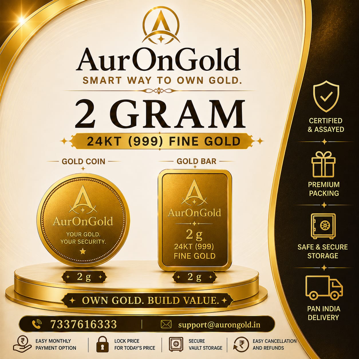 Auron Gold 2 Gram gold 24KT 999 Coin/Bar