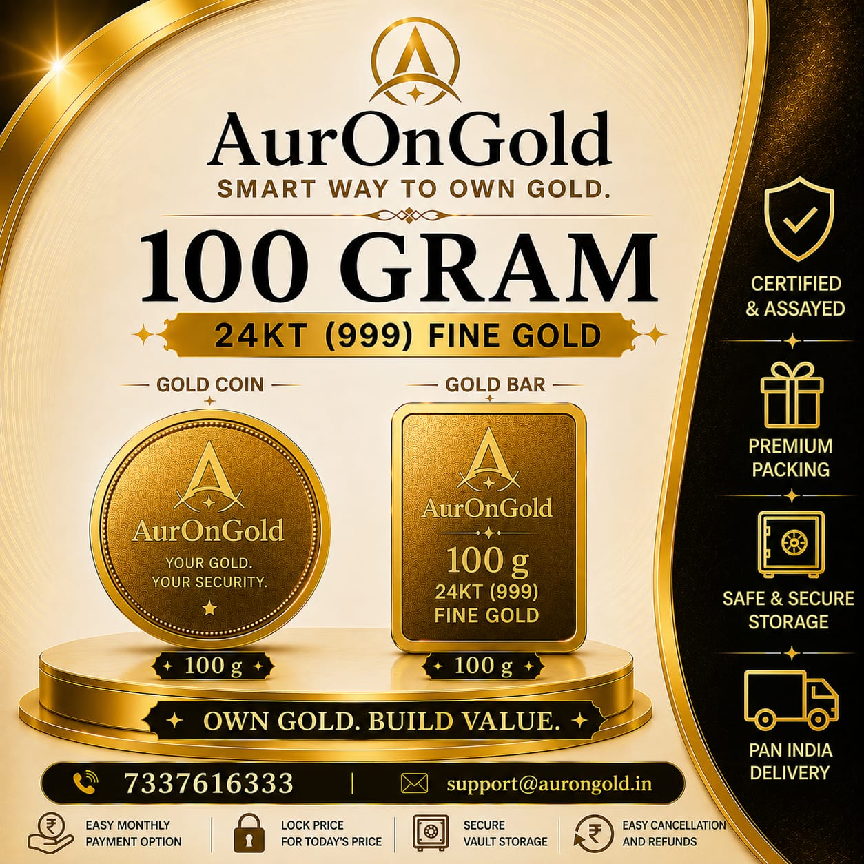 Auron Gold 100 Gram gold 24KT 999 Coin/Bar