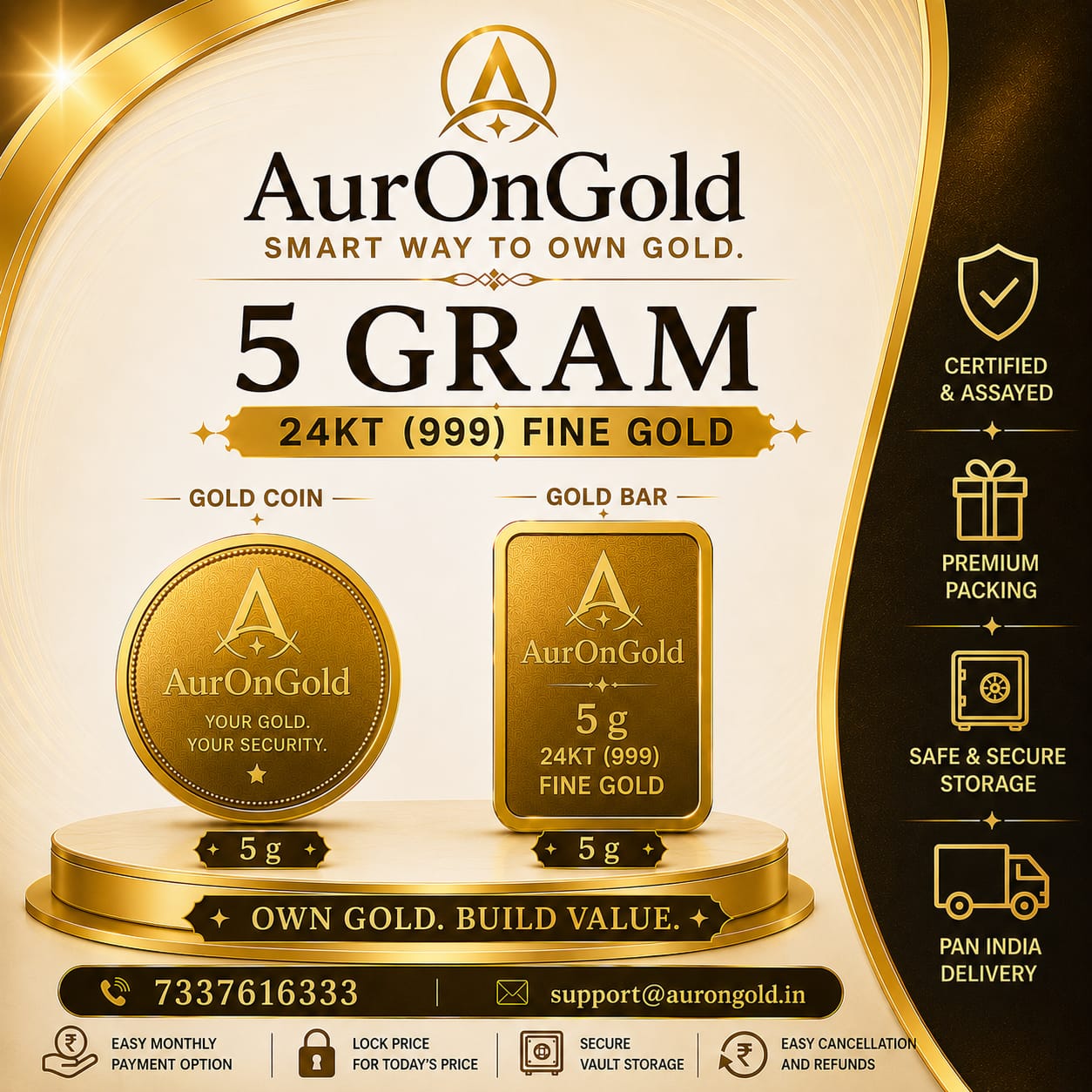 Auron Gold 5 Gram gold 24KT 999 Coin/Bar