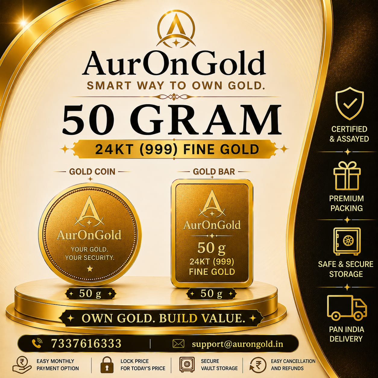 Auron Gold 50 Gram gold 24KT 999 Coin/Bar